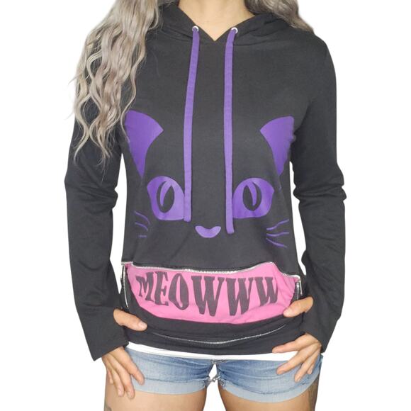 Kitty Cat Sweater Womens Medium Black Purple Pink Grunge Punk Cosplay Hot Topic - Picture 3 of 15